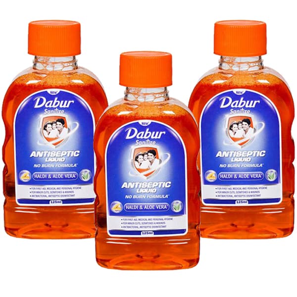 Dabur Sanitize Antiseptic Liquid Haldi & Aloe Vera (Buy 2 Get 1 Free) 3 X 125 ml