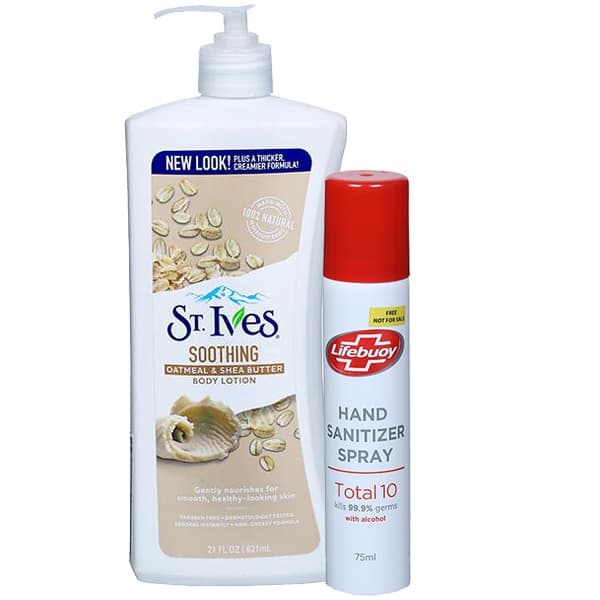 ST.Ives Soothing Oatmeal & Shea Butter Body Lotion (Free Lifebuoy Hand Sanitizer Spray 75 ml) 621 ml
