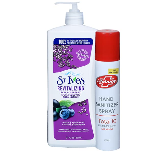 ST.Ives Revitalizing Acia, Blueberry & Chia Seed Oil Body Lotion(FreeLifebuoyHandSanitizerSpray75ml) 621 ml