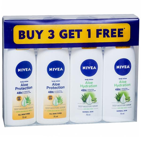 Nivea Body Lotion Buy 3 Get 1 Free (Aloe Protection 2 x 75 ml & Aloe Hydration 2 x 75 ml) 4 x 75 ml
