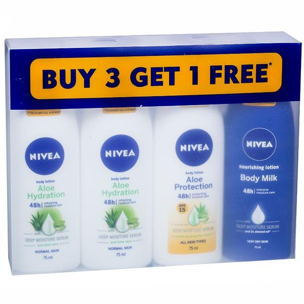 Nivea Body Lotion Buy 3 Get 1 Free (Aloe Hydration 2 x 75 ml, Aloe Protection 75 ml,Body Milk 75 ml) 4 x 75 ml