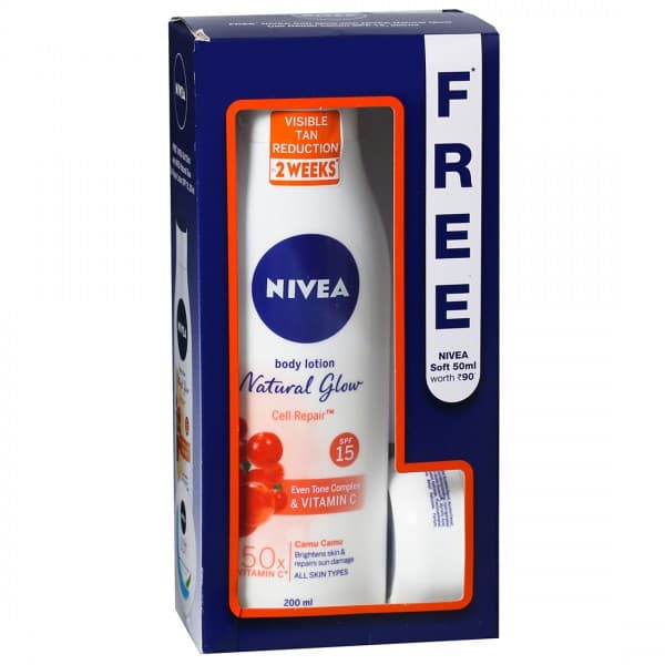 Nivea Natural Glow Cell Repair Spf 15 Even Tone & 50x Vitamin C Body Lotion (Free Nivea Soft 50 ml) 200 ml
