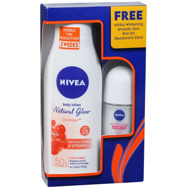 Nivea Natural Glow Cell Repair Spf 15 Even Tone & 50x Vitamin C Body Lotion (Free Nivea Roll On25ml) 200 ml