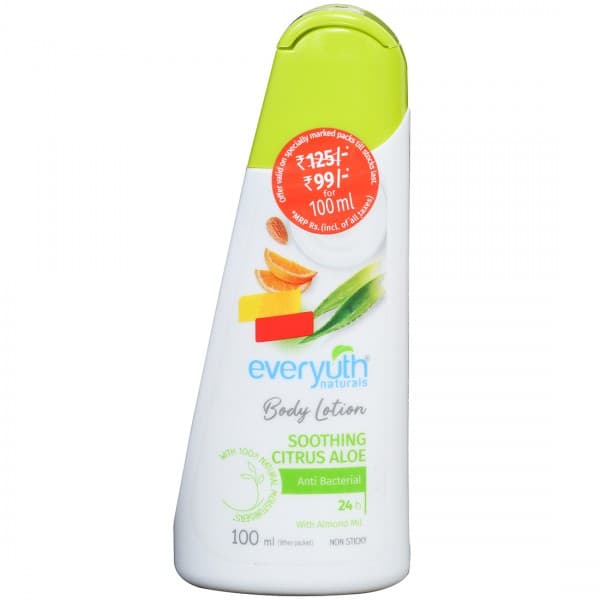 Everyuth Naturals Body Lotion Soothing Citrus Aloe Anti Bacterial 24h with Almond Milk (Rs 26 Off) 100 ml