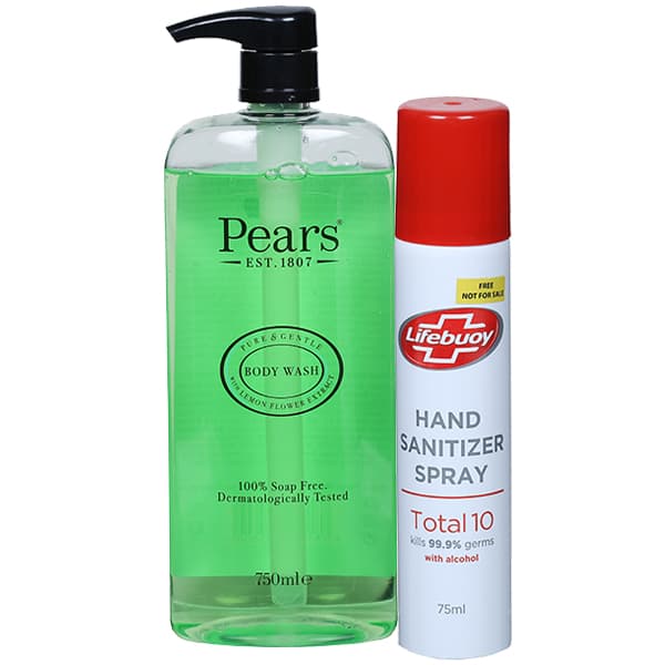 Pears Pure & Gentle Body Wash with Lemon Flower Extract (Free Lifebuoy Hand Sanitizer Spray 75 ml) 750 ml
