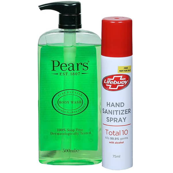 Pears Pure & Gentle Body Wash with Lemon Flower Extract (Free Lifebuoy Hand Sanitizer Spray 75 ml) 500 ml