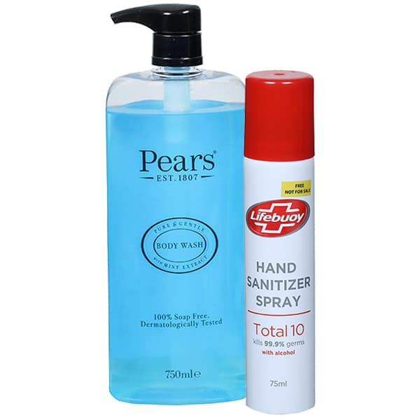 Pears Pure & Gentle Body Wash with Mint Extract (Free Lifebuoy Hand Sanitizer Spray 75 ml) 750 ml