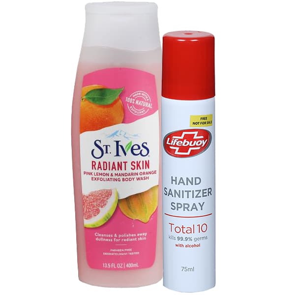 ST.Ives Radiant Skin Pink Lemon & Mandarin Orange Body Wash (Free Lifebuoy Hand Sanitizer Spray75ml) 400 ml