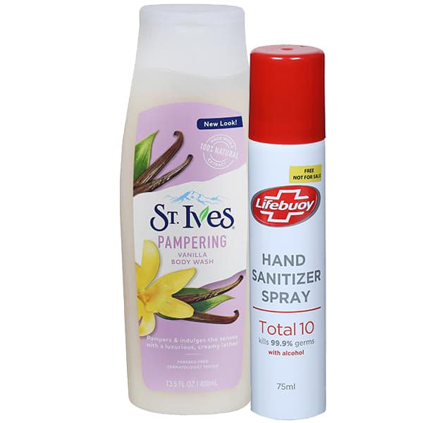 ST.Ives Pampering Vanilla Body Wash (Free Lifebuoy Hand Sanitizer Spray 75 ml) 400 ml