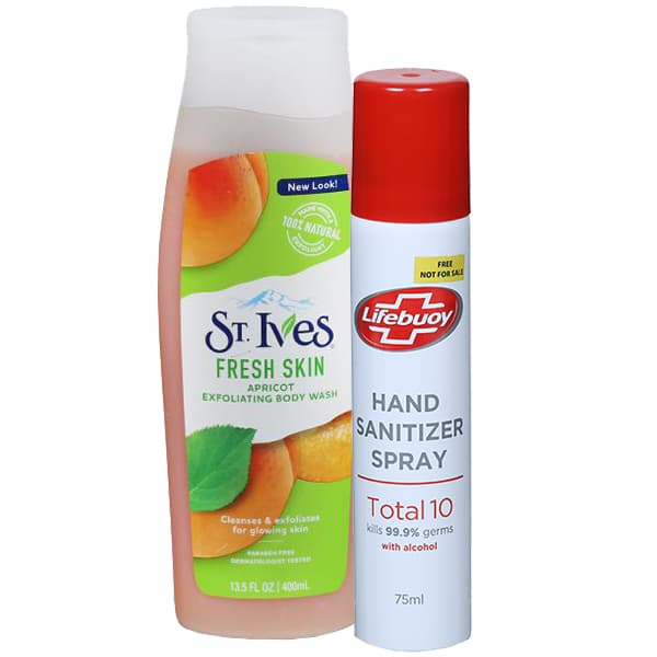 ST.Ives Fresh Skin Apricot Exfoliating Body Wash (Free Lifebuoy Hand Sanitizer Spray 75 ml) 400 ml
