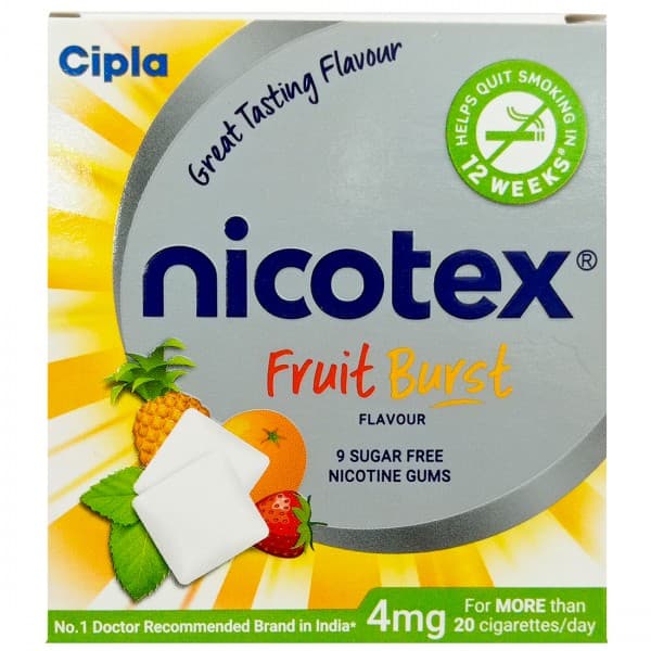 Nicotex Fruit Burst Flavour Sugar Free 4 mg Chewing Gum (9 Gums)