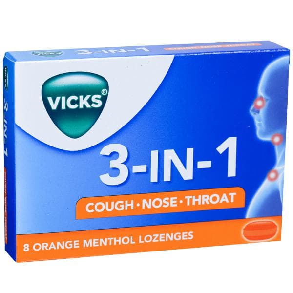 Vicks 3 In 1 Cough,Nose,Throat Lozenges (Orange,Mentol) Pack Of 8