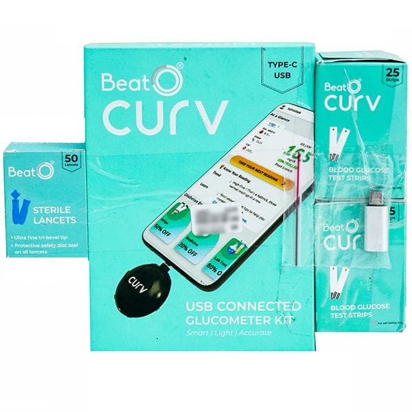 BeatO Curv Type C USB Connected Glucometer Kit (With BeatO Sterile Lancets 50N + Test Strips 50N)