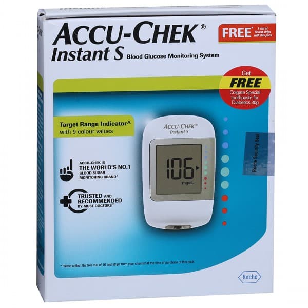 Accu Chek Instant S Blood Glucose Monitoring System (Free Instant 10 Test Strips+Colgate Diabetics Paste 30 g)