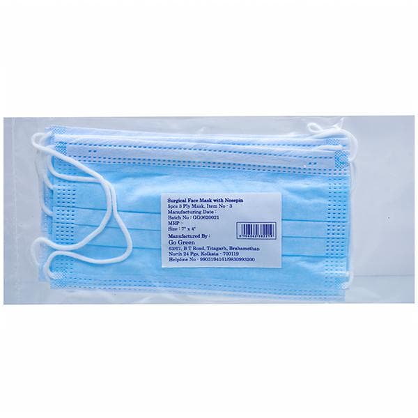 Surgical Face Mask with Nosepin 3 Ply (Item No.-3) 7" x 4" Pack Of 5