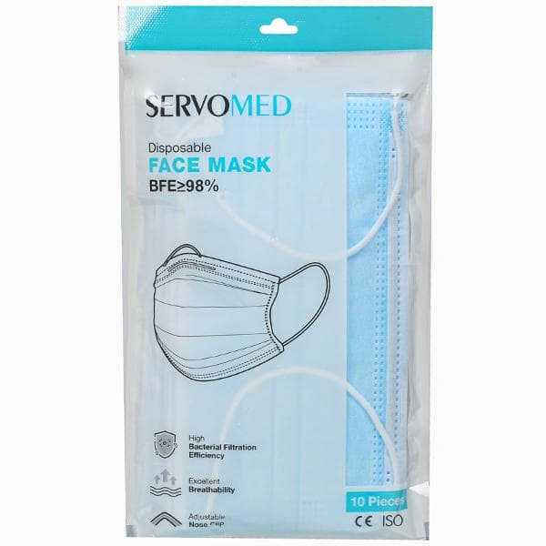 Servomed Disposable Face Mask With Nose Clip (175 mm x 95 mm) Pack Of 10