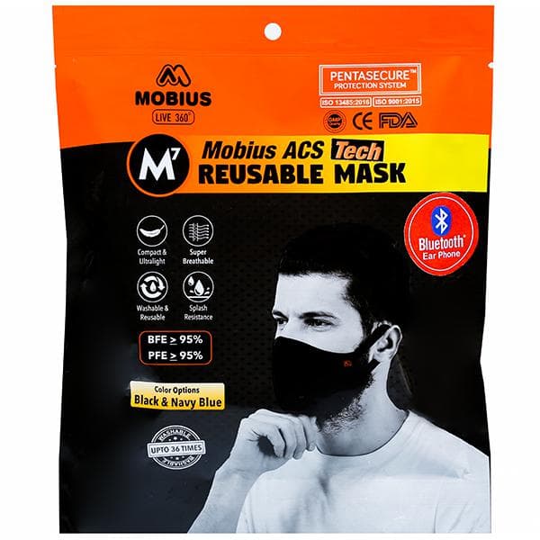 Mobius Reusable M7 ACS Tech Face Mask Black with Bluetooth Ear Phone L
