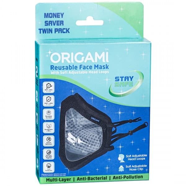 Origami Stay Safe Reusable Face Mask With Head Loops (23 cm x 15 cm) Pack Of 2