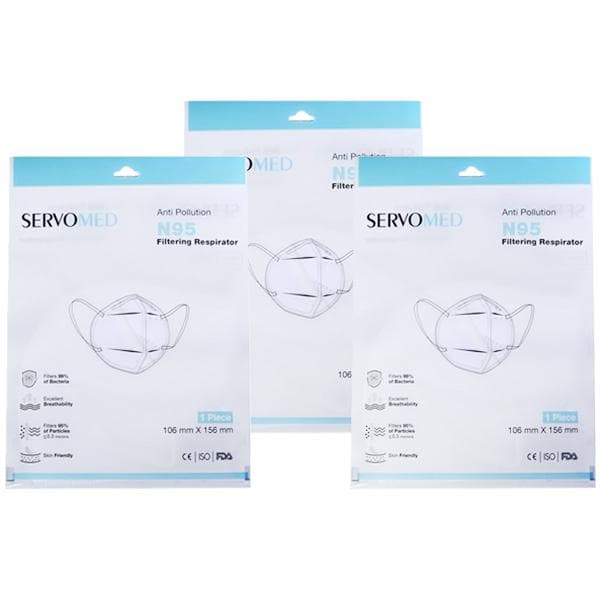 Servomed Anti Pollution N95 Filtering Respirator Face Mask (106 mm x 156 mm) White Pack Of 3