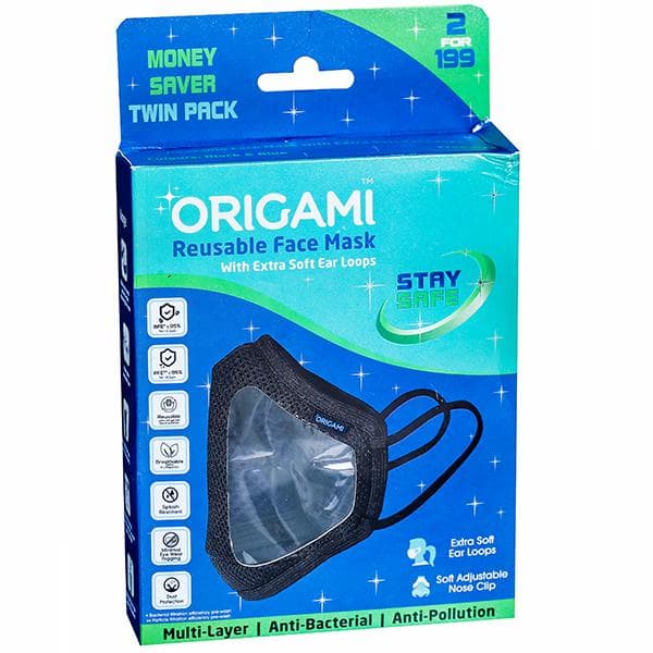 Origami Stay Safe Reusable Face Mask With Extra Soft Ear Loops (23 cm x 15 cm) Pack Of 2