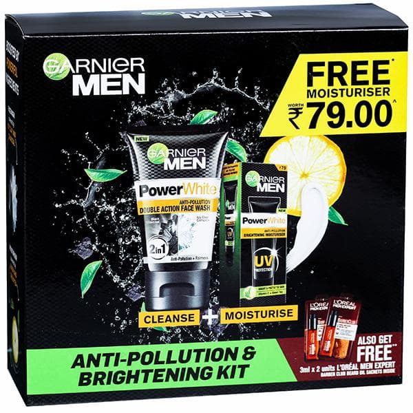Garnier Men Power White Double Action Face Wash (Free Garnier Moisturiser & LorealLongBeard&SkinOil) (100 g + 20 g + 3 ml x 2)