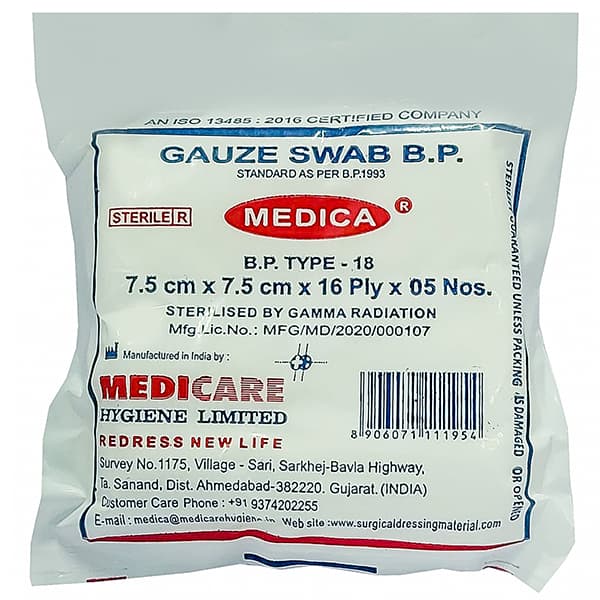 Gauze Swab (Medica) 16 Ply (7.5 cm x 7.5 cm) Pack of 5