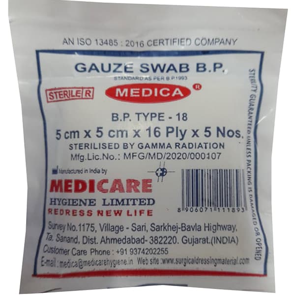 Gauze Swab (Medica) 16 Ply (5 cm x 5 cm) Pack of 5