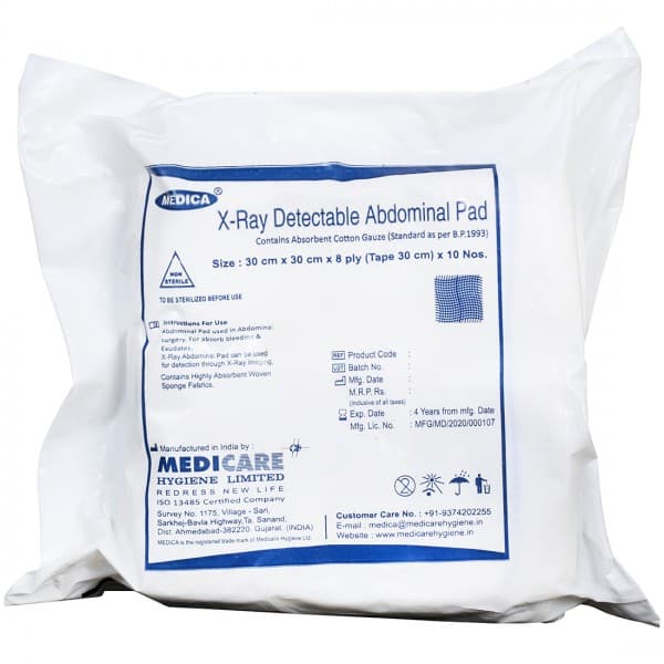 Medica X Ray Detectable Abdominal Pad 30 cm x 30 cm x 8 ply (Tape 30 cm) Pack Of 10
