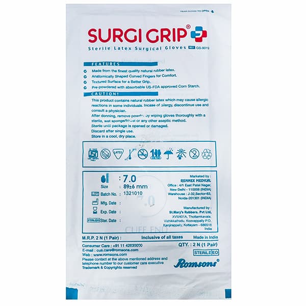 Surgi Grip + Sterile Latex Surgical Gloves Size (7.0)