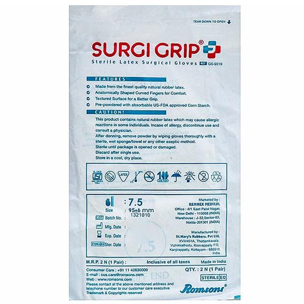 Surgi Grip + Sterile Latex Surgical Gloves 7.5 Pack Of 2