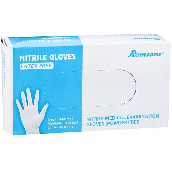Nitrile Examination Latex Free Powder Free Gloves (Romsons) Medium Pack of 100