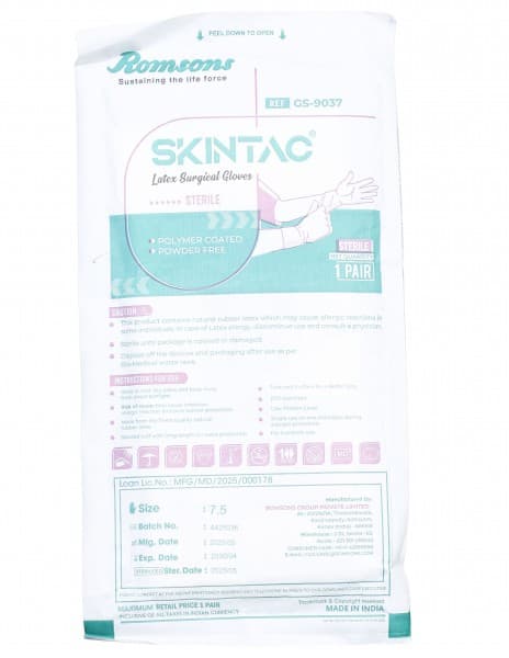 Skintac Sterile Latex Surgical Gloves 1 Pair 7.5