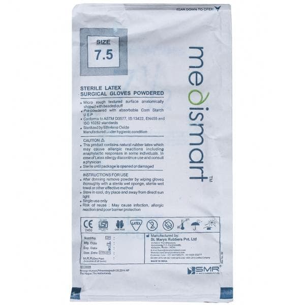 Medismart Sterile Latex Surgical Gloves Powdered 7.5 No Pack of 2