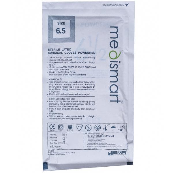 Medismart Sterile Latex Surgical Gloves Powdered 6.5 No Pack of 2