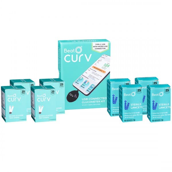 BeatO Curv Type C USB Connected Glucometer Kit (With BeatO Sterile Lancets 100N + Test Strips 100N)