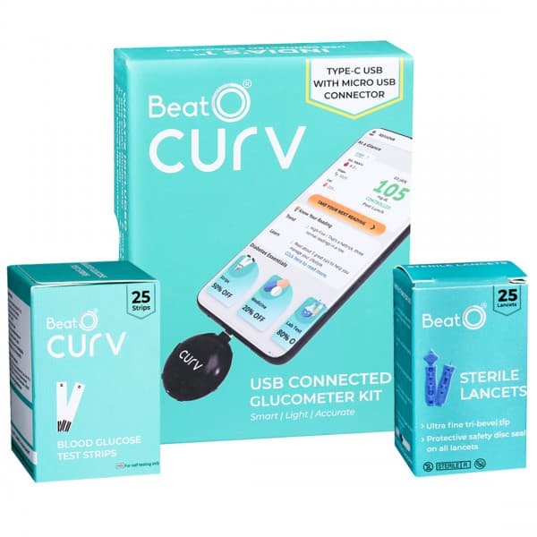 BeatO Curv Type C USB Connected Glucometer Kit (With BeatO Sterile Lancets 25N + Test Strips 25N)