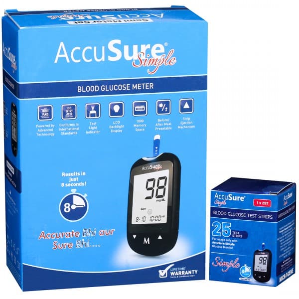 Accusure Simple Blood Glucose Meter TD-4183 with 25 Test Strips
