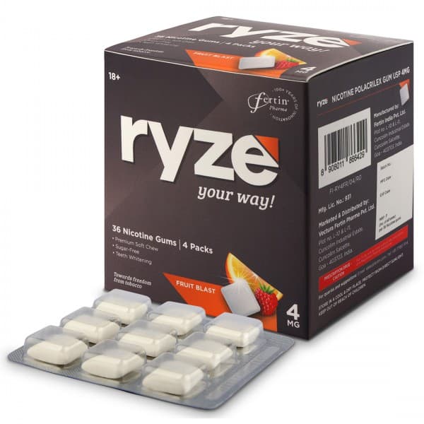 Ryze 4 mg Fruit Blast Sugar Free Pack Of 4 x 9 Gums