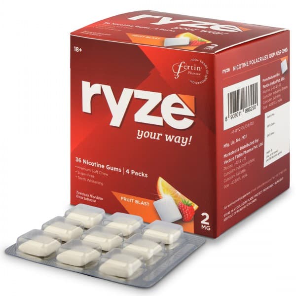 Ryze 2 mg Fruit Blast Sugar Free Pack Of 4 x 9 Gums
