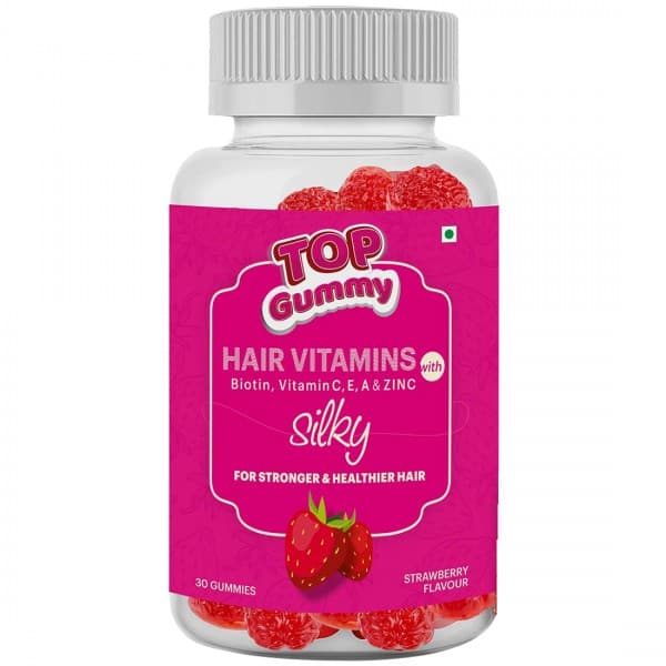 Top Gummy Hair Vitamins with Biotin, Vitamin C, E, A & Zinc Silky Strawberry Flavour 30 Gummies