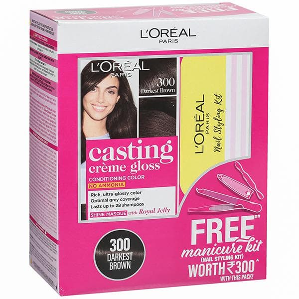 Loreal Paris Casting Creme Gloss Conditioning Hair Color 300 Darkest Brown (Free Manicure Kit) (87.5 g + 72 ml)