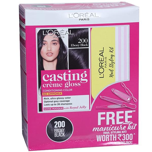 Loreal Paris Casting Creme Gloss Conditioning Hair Color 200 Ebony Black (Free Manicure Kit) (87.5 g + 72 ml)