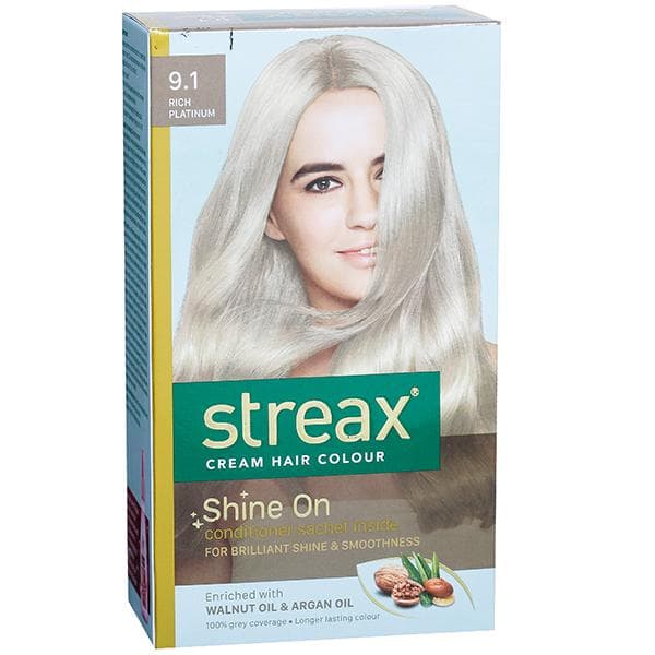 Streax Cream Hair Colour 9.1 Rich Platinum (50 g + 50 ml + 4 x 5 g)