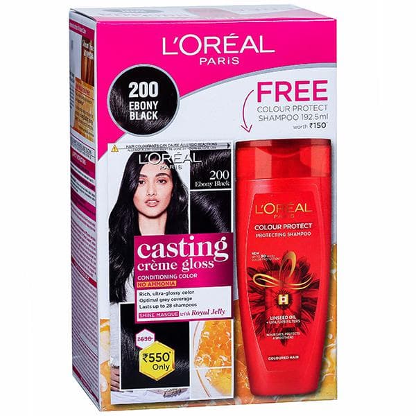 Loreal Paris Casting Creme Gloss Conditioning Hair Colour 200 Ebony Black (Free LrlPrsShmp 192.5 ml) (87.5 g + 72 ml)