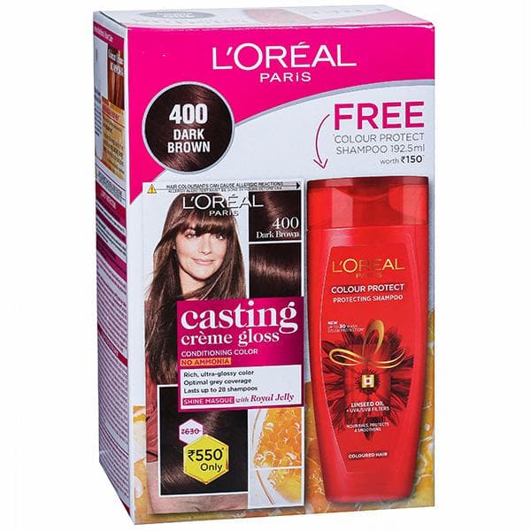 Loreal Paris Casting Creme Gloss Conditioning Hair Colour 400 Dark Brown (Free LrlPrsShmp 192.5 ml) (87.5 g + 72 ml)