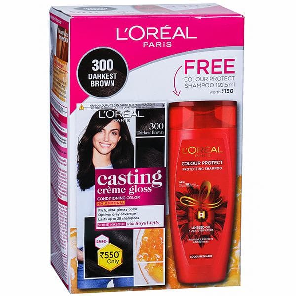 Loreal Paris Casting Creme Gloss Conditioning Hair Colour 300 Darkest Brown (Free LrlPrsShmp192.5ml) (87.5 g + 72 ml)