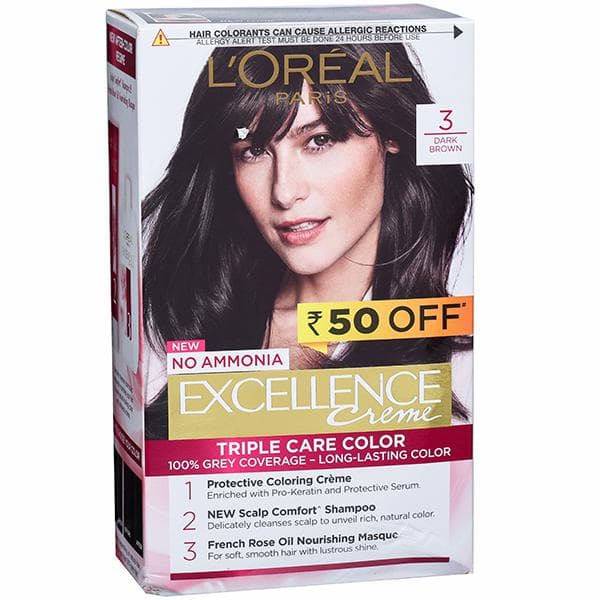 Loreal Paris Excellence Creme Hair Colour 3 Dark Brown (Rs.50 Off) (100 g + 72 ml)