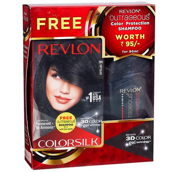Revlon Colorsilk Hair Color Soft Black 1WN (Free Revlon Outrageous Color Protection Shampoo 90 ml) (40 ml + 40 ml + 11.8 ml)