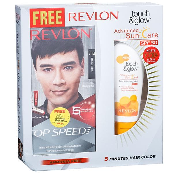Revlon Top Speed Hair Color Natural Black 70M (Free Revlon Touch&Glow Spf 30 Sun Care Lotion 50 ml) (40 g + 40 g + 15 ml)
