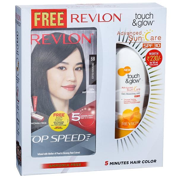 Revlon Top Speed Hair Color Brownish Black68 (Free Revlon Touch & Glow Spf 30 Sun Care Lotion 50 ml) (40 g + 40 g + 15 ml)